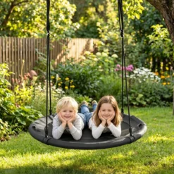 Ø100 cm Nestschaukel mit Kissen & Griffe Kinderschaukel mit 100-180 cm Höhenverstellbarem Seil Grau