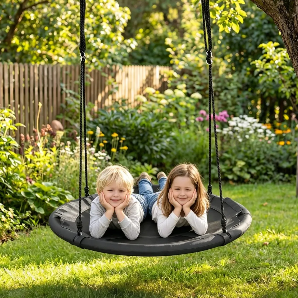Ø100 cm Nestschaukel mit Kissen & Griffe Kinderschaukel mit 100-180 cm Höhenverstellbarem Seil Grau