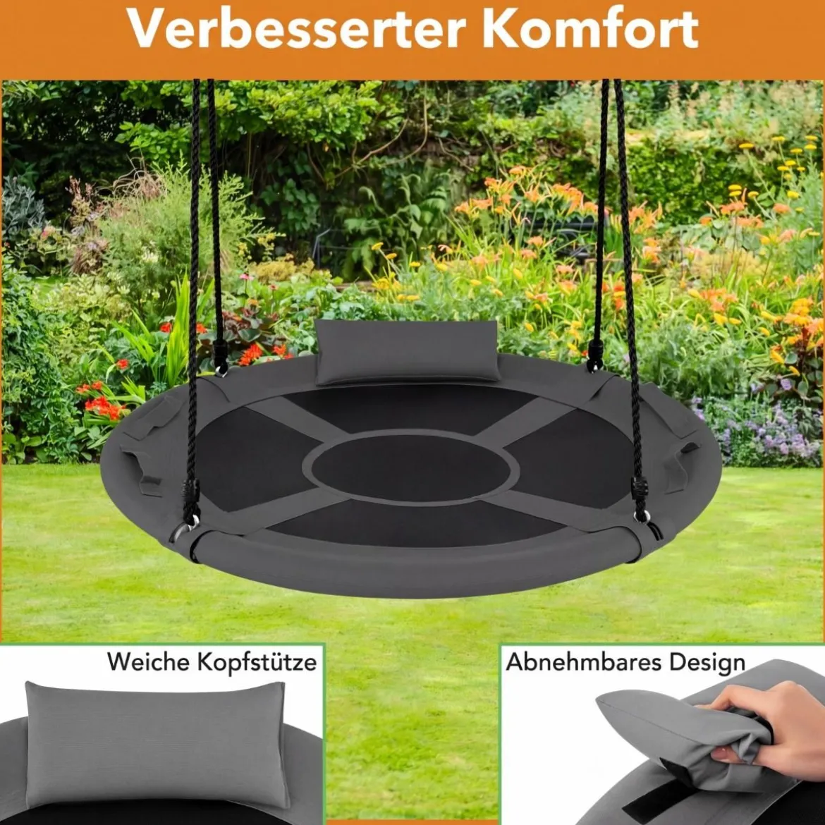 Ø100 cm Nestschaukel mit Kissen & Griffe Kinderschaukel mit 100-180 cm Höhenverstellbarem Seil Grau