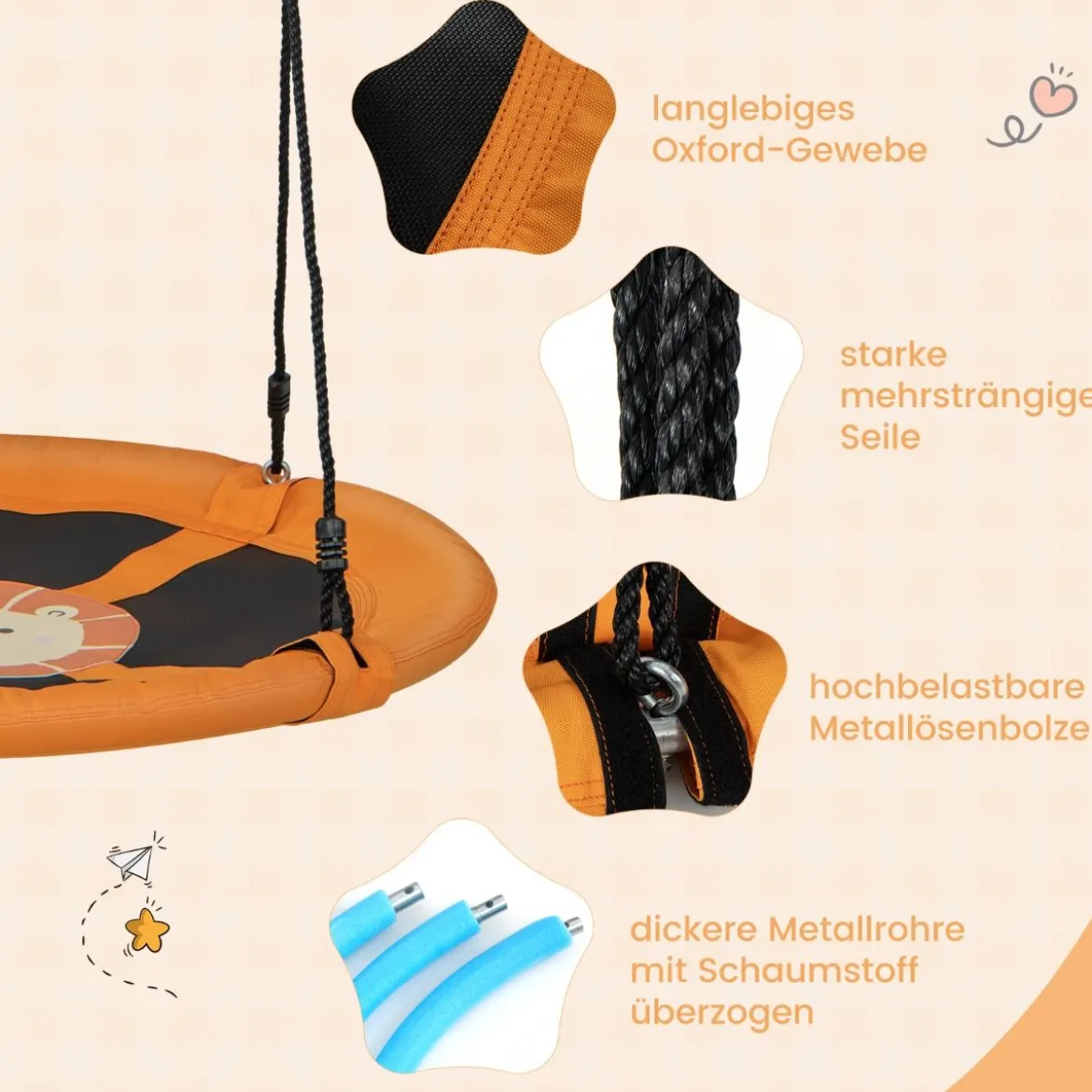 Ø 100 cm Nestschaukel mit Verstellbaren Seilen Hängeschaukel Kinderschaukel Rundschaukel Gelb