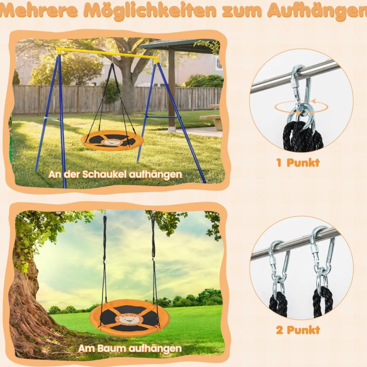 Ø 100 cm Nestschaukel mit Verstellbaren Seilen Hängeschaukel Kinderschaukel Rundschaukel Gelb