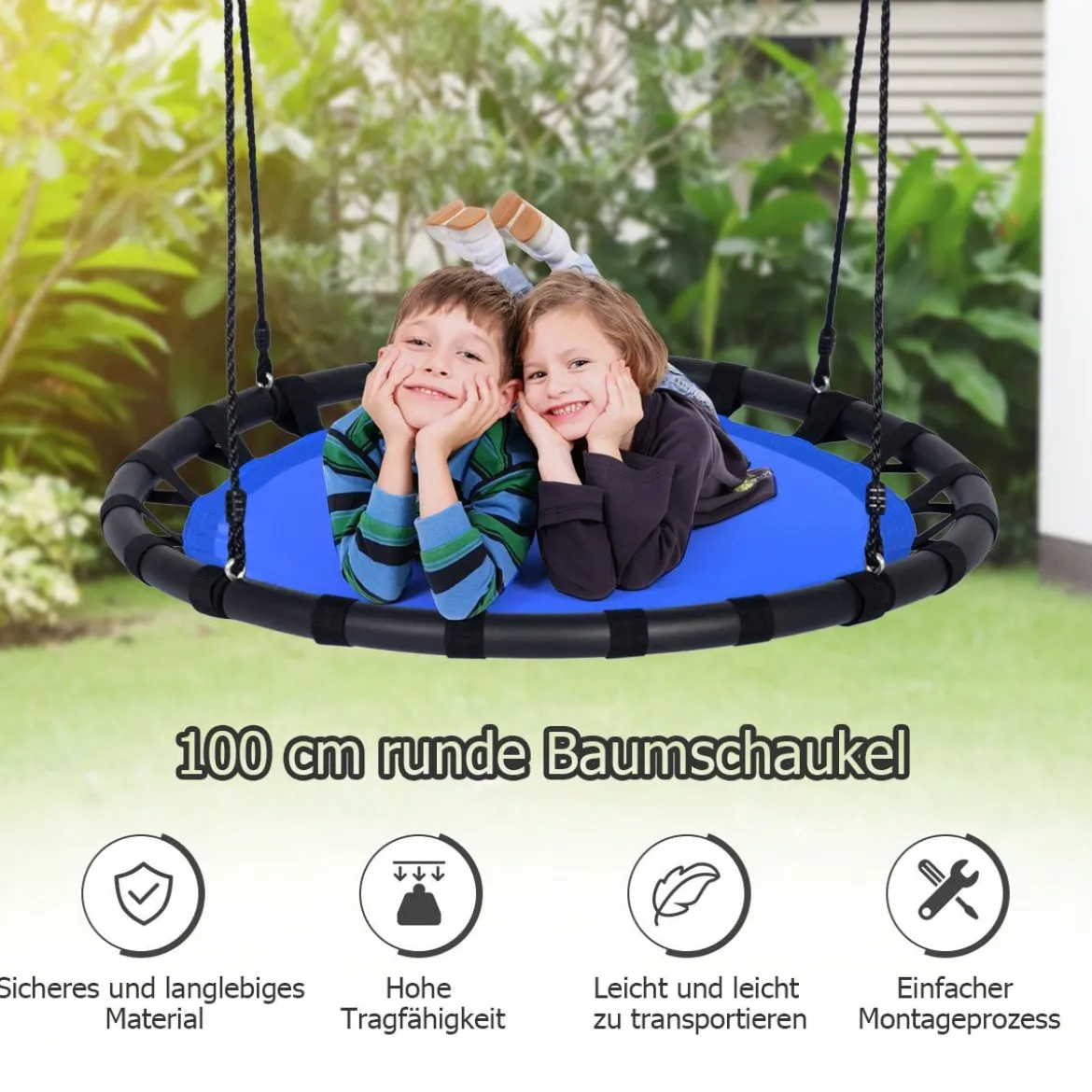 Ø100cm Nestschaukel Rundschaukel 100-160cm verstellbaren Seil Kinderschaukel 150kg Tragkraft Hängeschaukel blau