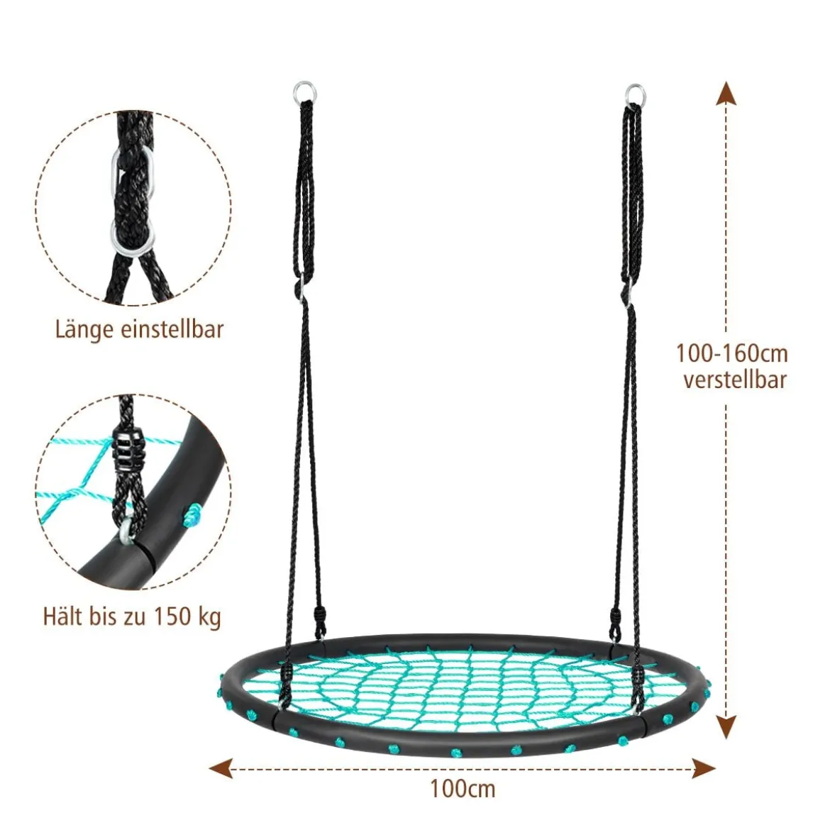 Ø100cm Nestschaukel Rundschaukel 100-160cm verstellbaren Seil Hängeschaukel Tellerschaukel Grün