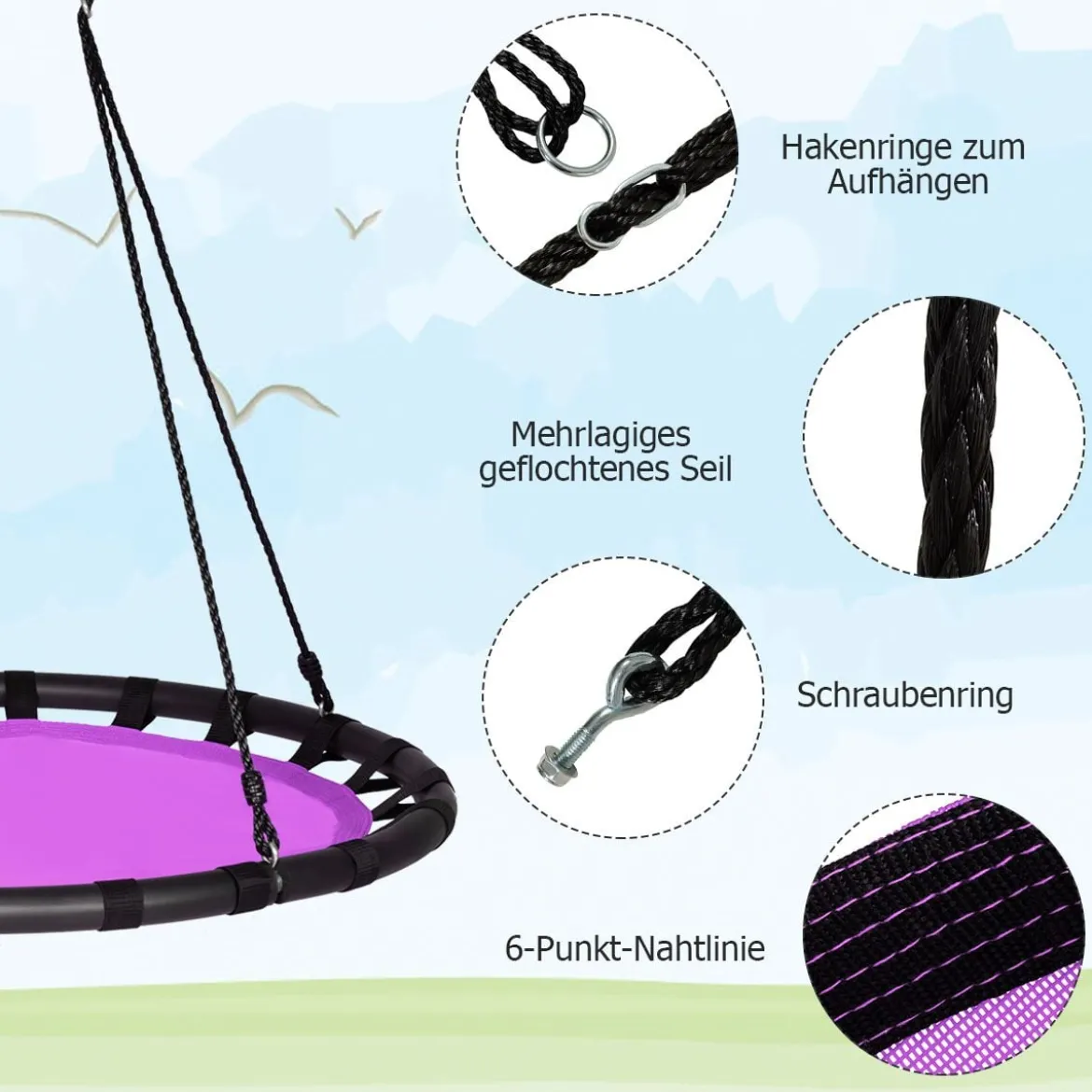 Ø100cm Nestschaukel Rundschaukel 100-160cm verstellbaren Seil Kinderschaukel 150kg Tragkraft Hängeschaukel lila