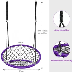 Ø89 cm Netz-Schaukel Baumschaukel-Set mit 100-160cm Seil verstellbar Lila
