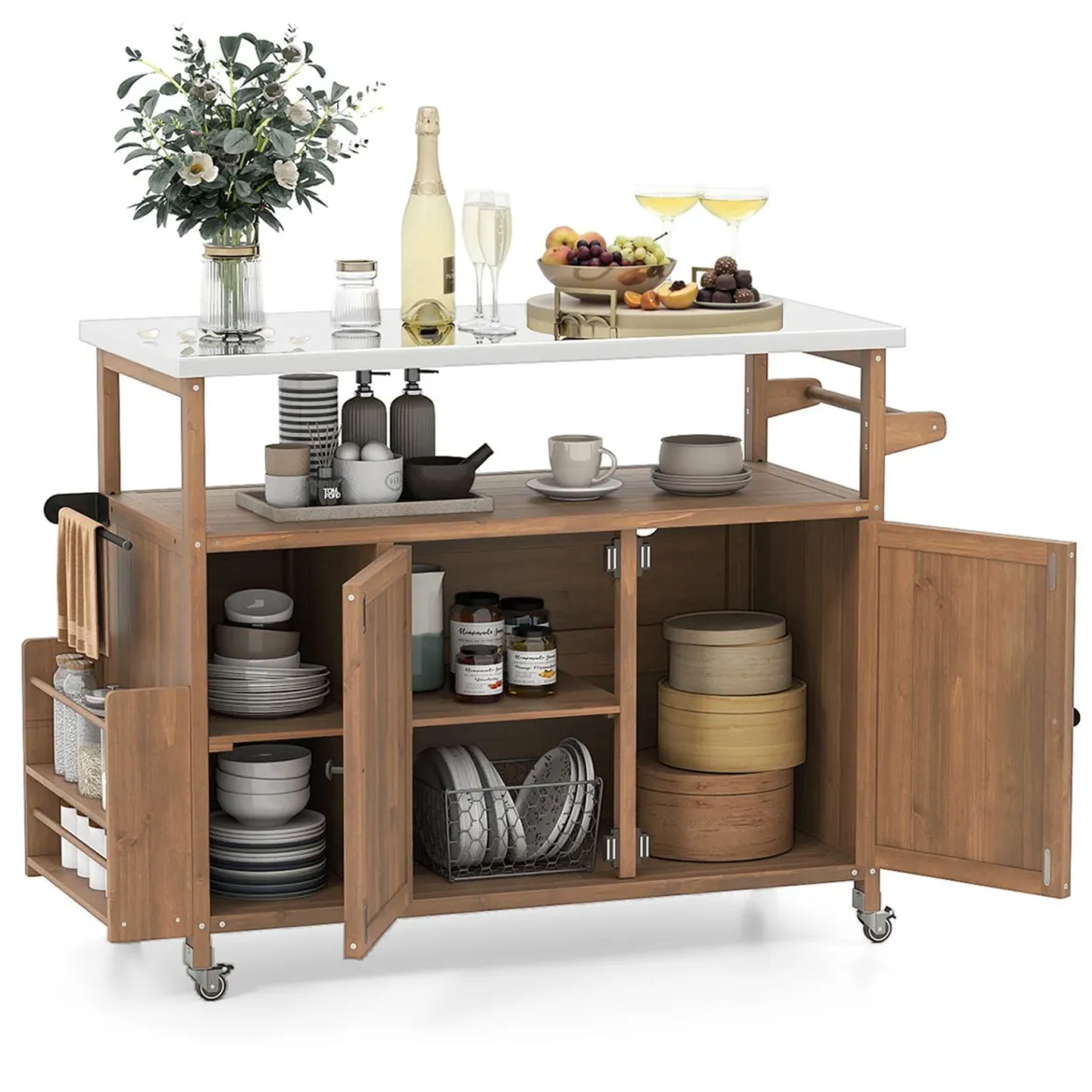 130 cm Outdoor Grillwagen mit Edelstahl-Arbeitsplatte Kücheninsel mit abschließbaren Rollen Küchenwagen Natur