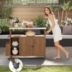 130 cm Outdoor Grillwagen mit Edelstahl-Arbeitsplatte Kücheninsel mit abschließbaren Rollen Küchenwagen Natur