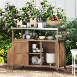 130 cm Outdoor Grillwagen mit Edelstahl-Arbeitsplatte Kücheninsel mit abschließbaren Rollen Küchenwagen Natur