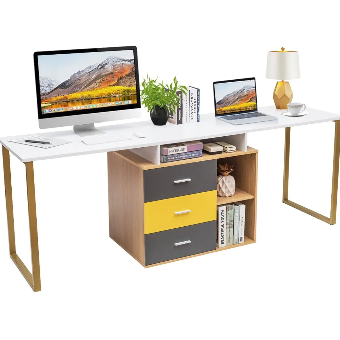220 cm 2 Personen Schreibtisch Arbeitstisch Bürotisch Computertisch Eckschreibtisch