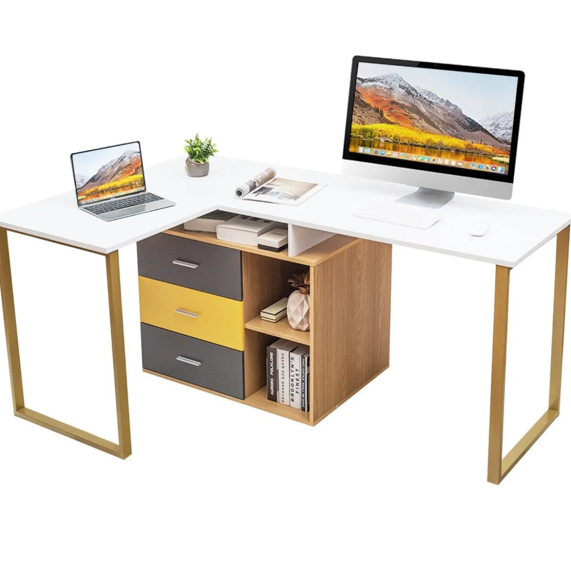 220 cm 2 Personen Schreibtisch Arbeitstisch Bürotisch Computertisch Eckschreibtisch