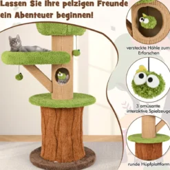 148 cm Pilz-Katzenbaum mit 2 Niedlichen Höhlen & Plüsch-Liegeplatz Katzenturm Kletterturm