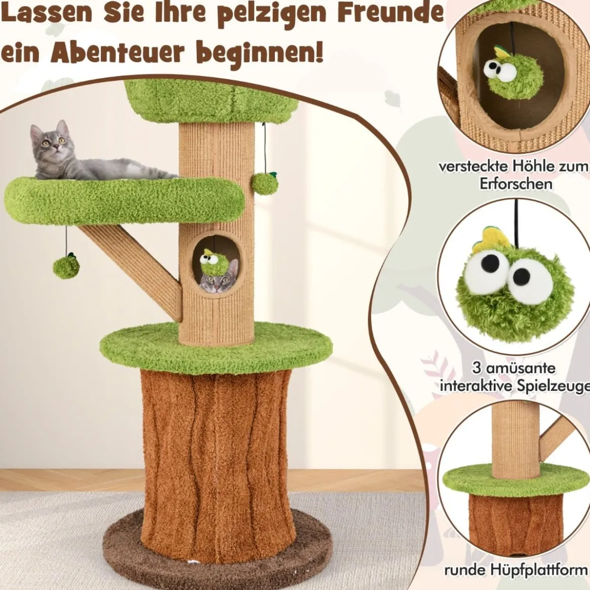 148 cm Pilz-Katzenbaum mit 2 Niedlichen Höhlen & Plüsch-Liegeplatz Katzenturm Kletterturm
