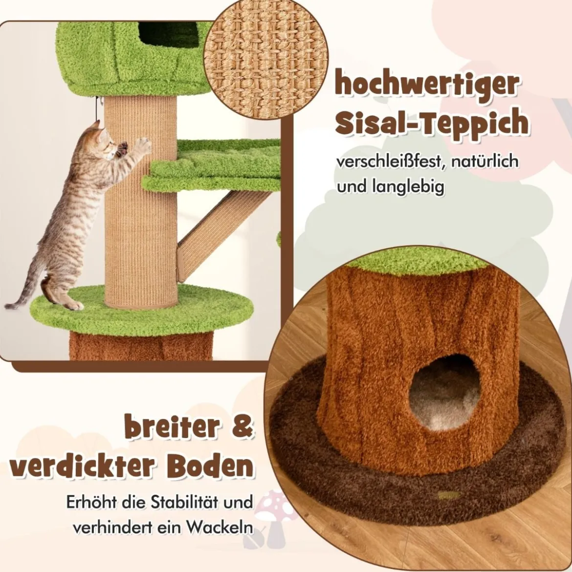 148 cm Pilz-Katzenbaum mit 2 Niedlichen Höhlen & Plüsch-Liegeplatz Katzenturm Kletterturm