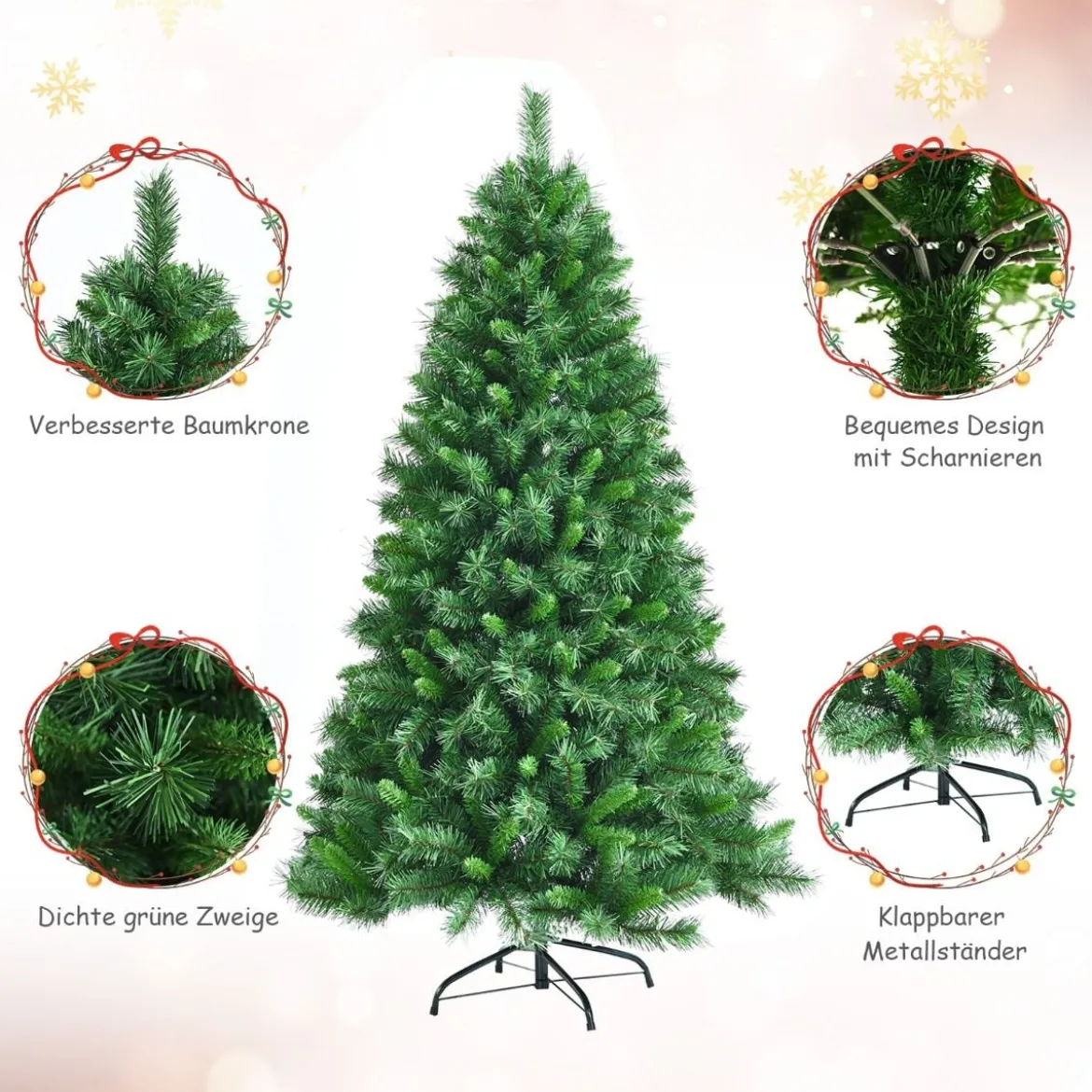 180 cm üppiger künstlicher Weihnachtsbaum mit klappbarer Metallständer Festtagsbaum Grün
