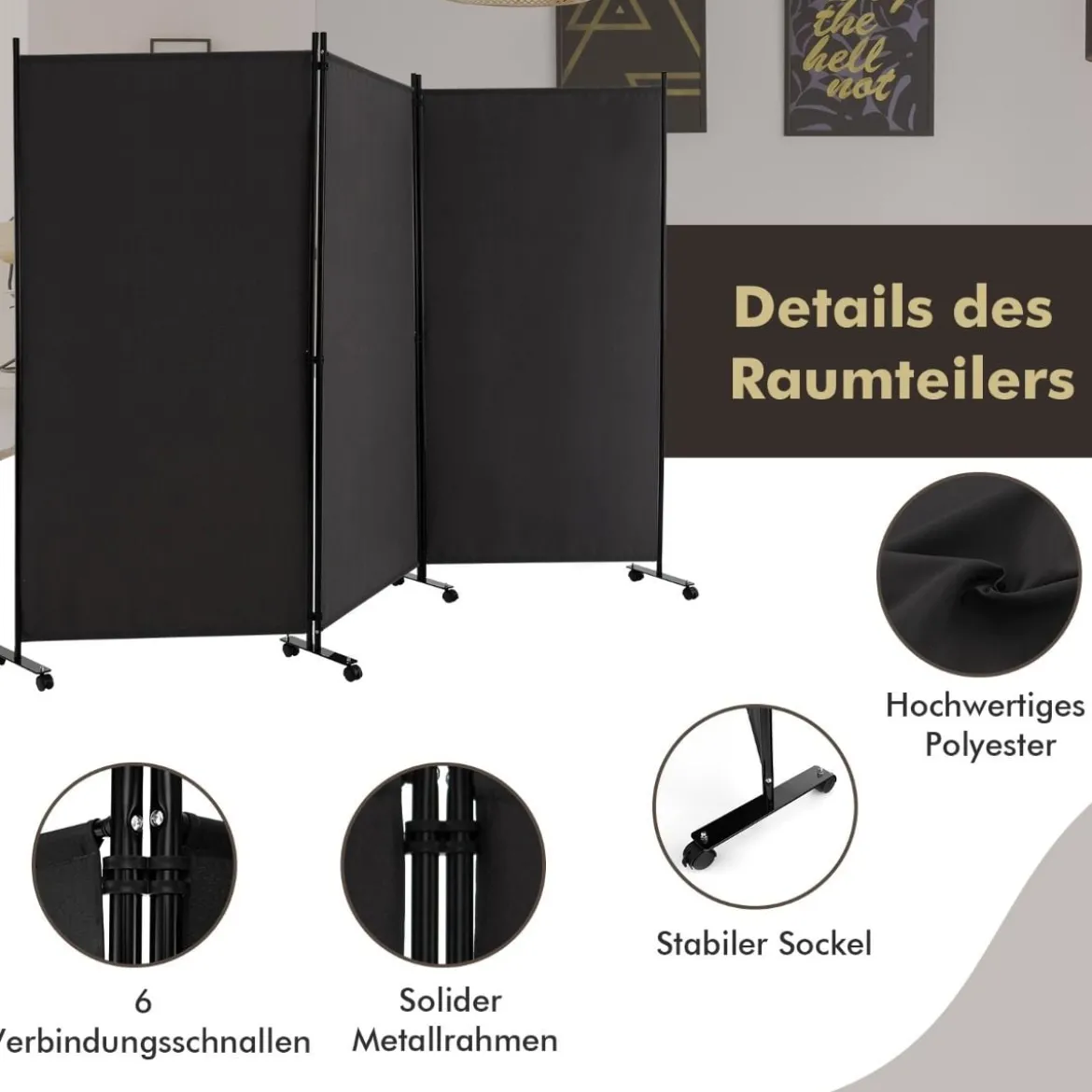 180 cm Raumteiler auf Rädern Klappbarer Paravent mit 3 frei kombinierbaren Paneelen Schwarz