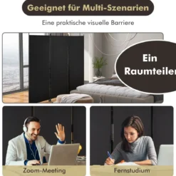 180 cm Raumteiler auf Rädern Klappbarer Paravent mit 3 frei kombinierbaren Paneelen Schwarz