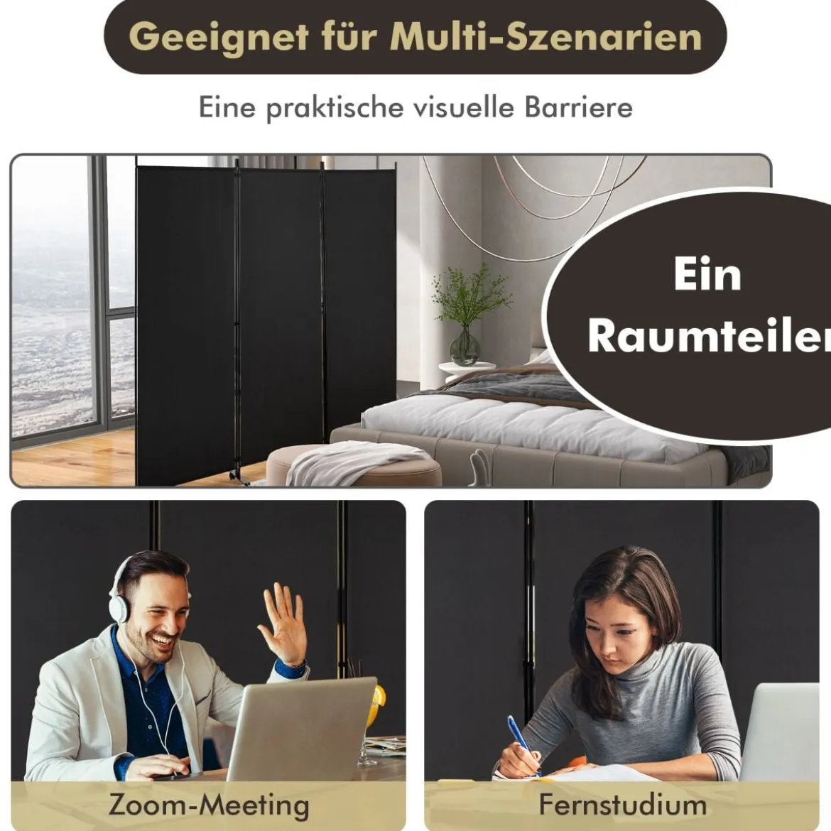 180 cm Raumteiler auf Rädern Klappbarer Paravent mit 3 frei kombinierbaren Paneelen Schwarz