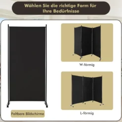 180 cm Raumteiler auf Rädern Klappbarer Paravent mit 3 frei kombinierbaren Paneelen Schwarz