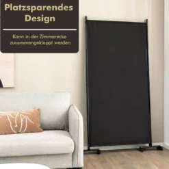 180 cm Raumteiler auf Rädern Klappbarer Paravent mit 3 frei kombinierbaren Paneelen Schwarz