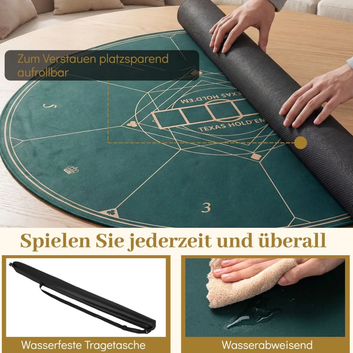 Ø100 cm Runde Pokermatte mit Tragetasche Faltbare Pokerauflage mit Rutschfester Gummibasis