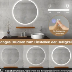 Ø60cm Runder Badspiegel mit Beleuchtung & Touch Schalter & Memory Funktion Wandspiegel