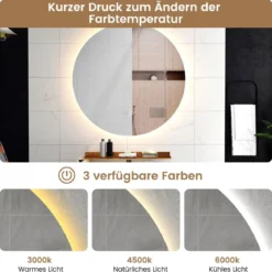 Ø60cm Runder Badspiegel mit Beleuchtung & Touch Schalter & Memory Funktion Wandspiegel