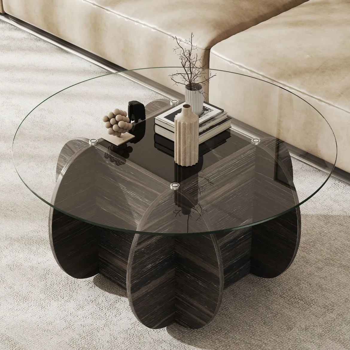φ89cm Runder Couchtisch mit Gehärteter Glasplatte & Massivholz-Basis Moderner Sofatisch