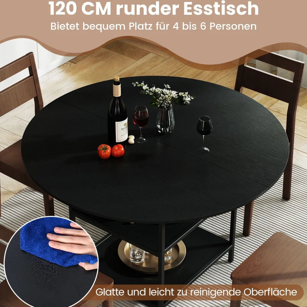 120 cm Runder Esstisch für 4-6 Personen mit 2-lagigem Ablagefach & Metallgestell Küchentisch Schwarz