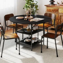 120 cm Runder Esstisch für 4-6 Personen mit 2-lagigem Ablagefach & Metallgestell Küchentisch Schwarz