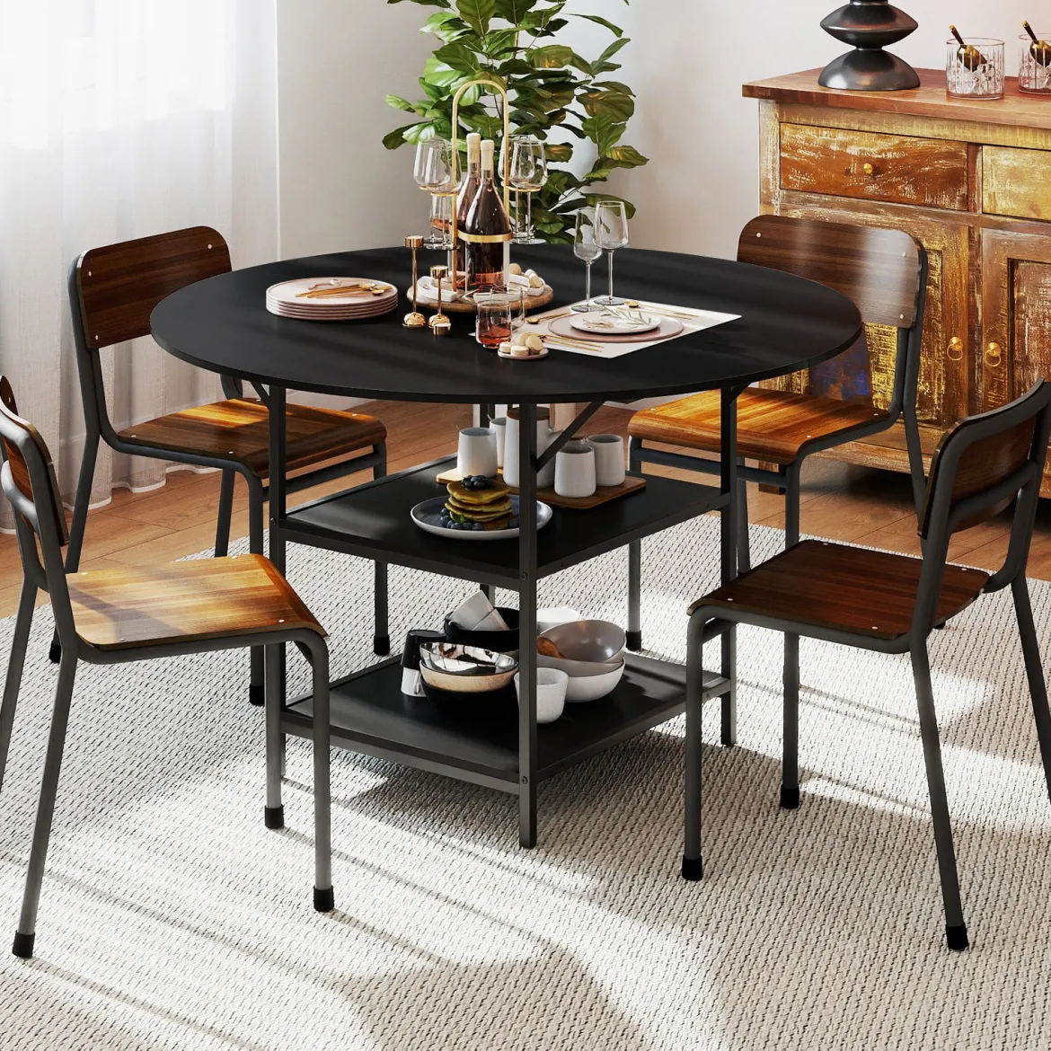120 cm Runder Esstisch für 4-6 Personen mit 2-lagigem Ablagefach & Metallgestell Küchentisch Schwarz