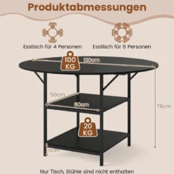 120 cm Runder Esstisch für 4-6 Personen mit 2-lagigem Ablagefach & Metallgestell Küchentisch Schwarz
