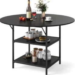 120 cm Runder Esstisch für 4-6 Personen mit 2-lagigem Ablagefach & Metallgestell Küchentisch Schwarz