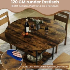 120 cm Runder Esstisch für 4-6 Personen mit 2-lagigem Ablagefach & Metallgestell Küchentisch Braun