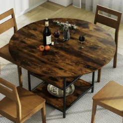 120 cm Runder Esstisch für 4-6 Personen mit 2-lagigem Ablagefach & Metallgestell Küchentisch Braun