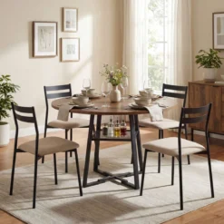 Ø120 cm Runder Küchentisch für 4 Personen Esstisch mit Offener Ablage Esszimmertisch Braun