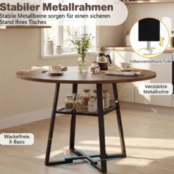 Ø120 cm Runder Küchentisch für 4 Personen Esstisch mit Offener Ablage Esszimmertisch Braun