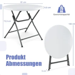 81cm runder Klapptisch Kunststofftisch mit verstärkter HDPE Tischplatte robuste Metallbeine & rutschfeste Fußpolster Weiß