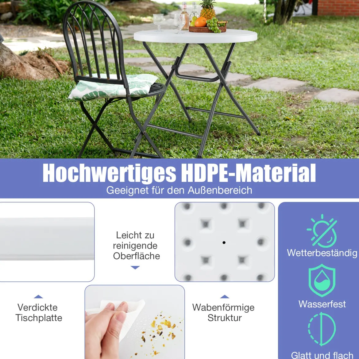 81cm runder Klapptisch Kunststofftisch mit verstärkter HDPE Tischplatte robuste Metallbeine & rutschfeste Fußpolster Weiß