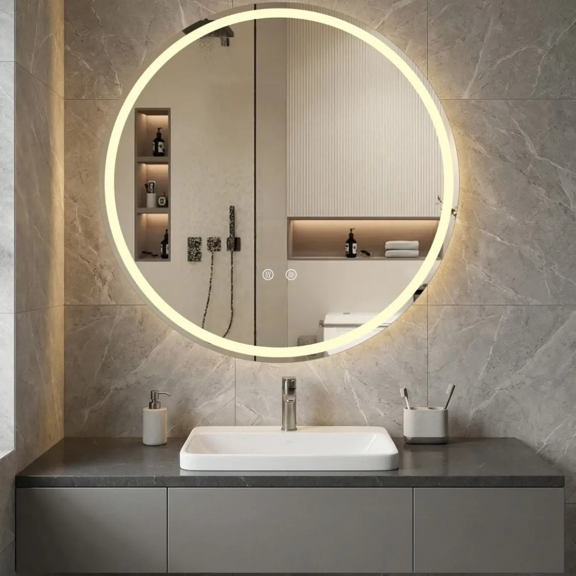 Ø80 cm Runder LED-beleuchteter Spiegel mit Einstellbarer Helligkeit & Touch-Schalter
