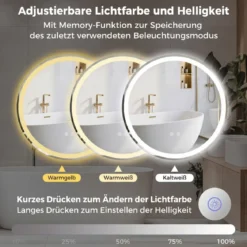 Ø80 cm Runder LED-beleuchteter Spiegel mit Einstellbarer Helligkeit & Touch-Schalter