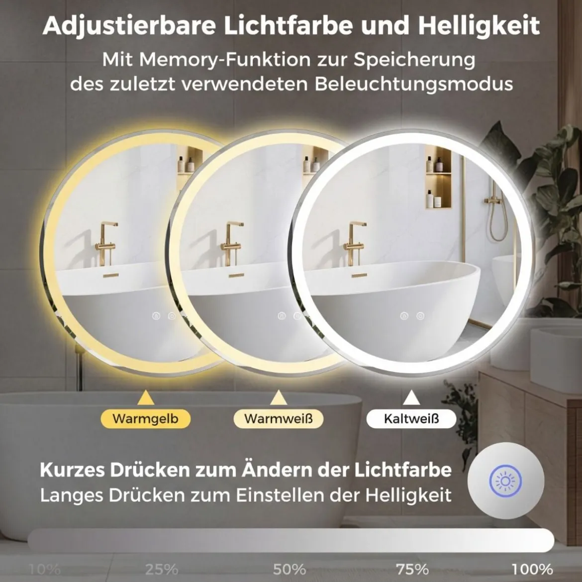 Ø80 cm Runder LED-beleuchteter Spiegel mit Einstellbarer Helligkeit & Touch-Schalter
