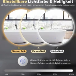 Ø70 cm Runder Spiegel mit Beleuchtung & Speicherfunktion Badspiegel mit Beschlagfrei-Design