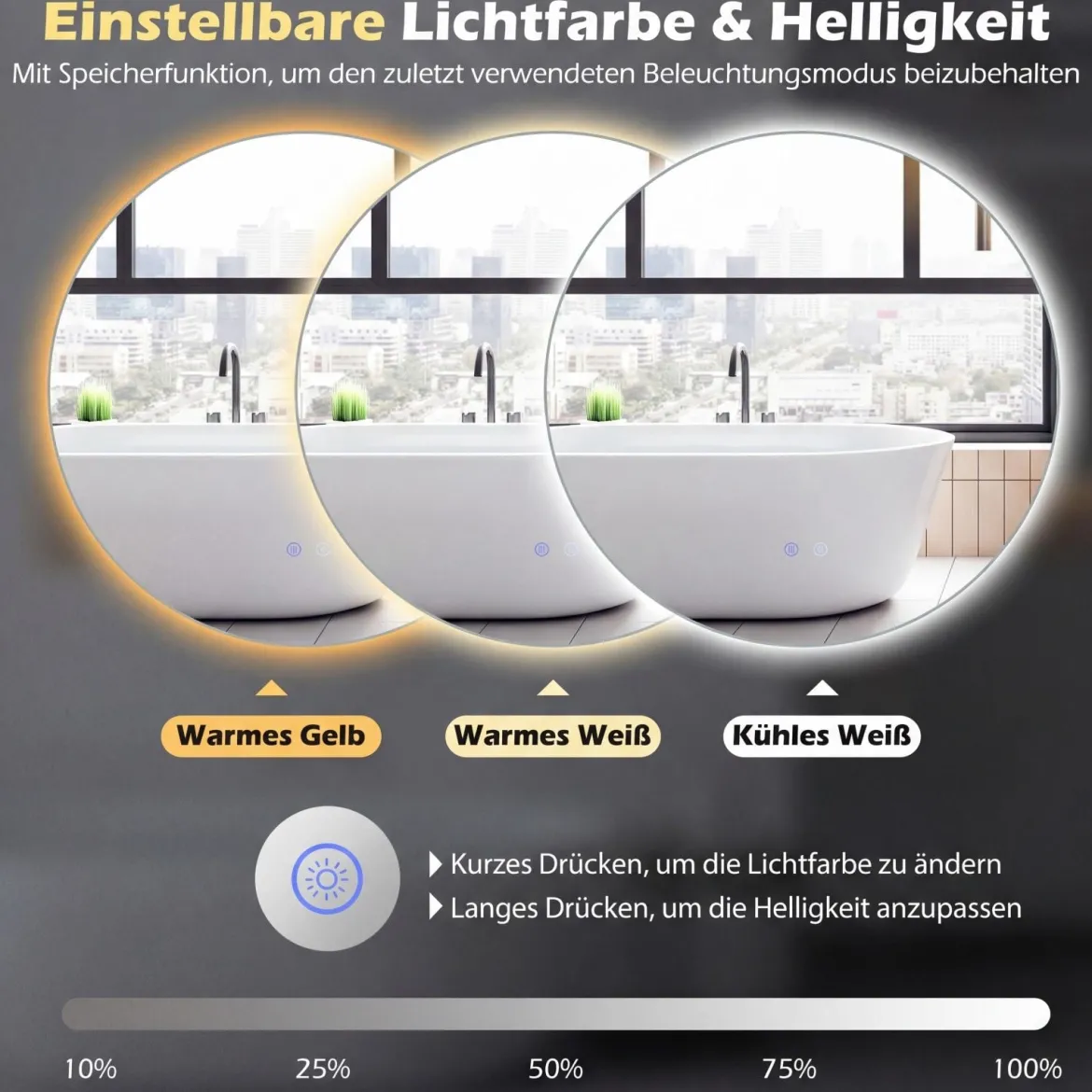 Ø70 cm Runder Spiegel mit Beleuchtung & Speicherfunktion Badspiegel mit Beschlagfrei-Design