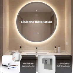 Ø70 cm Runder Spiegel mit Beleuchtung & Anti-Beschlag Wandspiegel mit 3 Lichtfarben