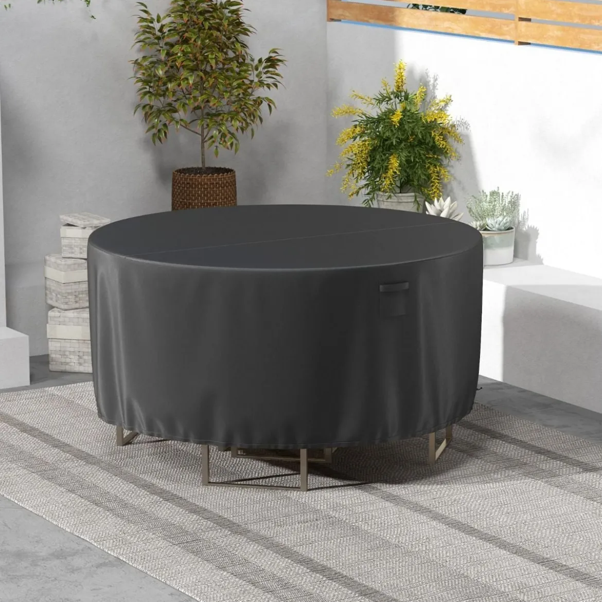 Ø 213 cm Runde Terrassenmöbel-Abdeckung mit Lüftungsschlitzen & Schnallen & Kordeln Schwarz