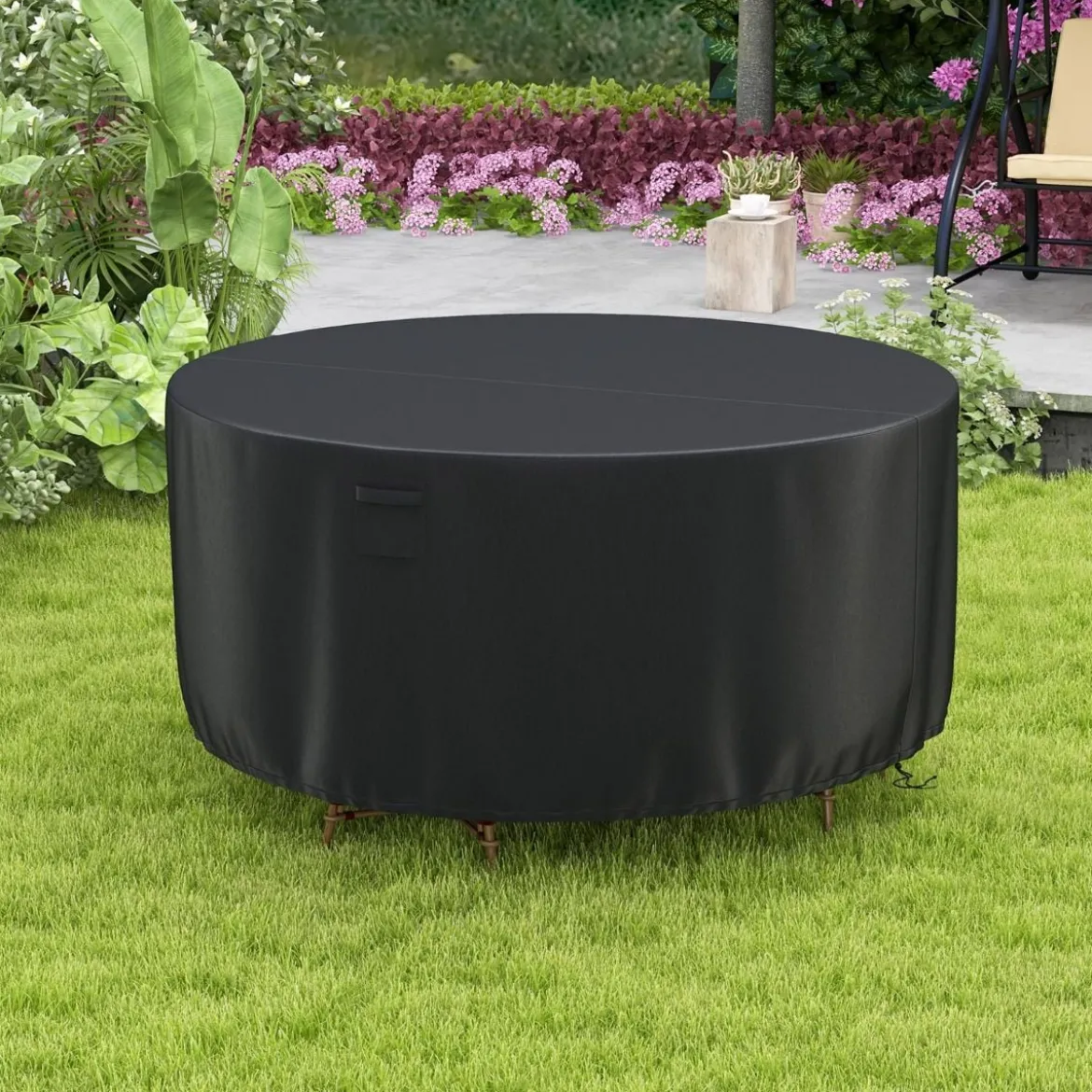 Ø 213 cm Runde Terrassenmöbel-Abdeckung mit Lüftungsschlitzen & Schnallen & Kordeln Schwarz