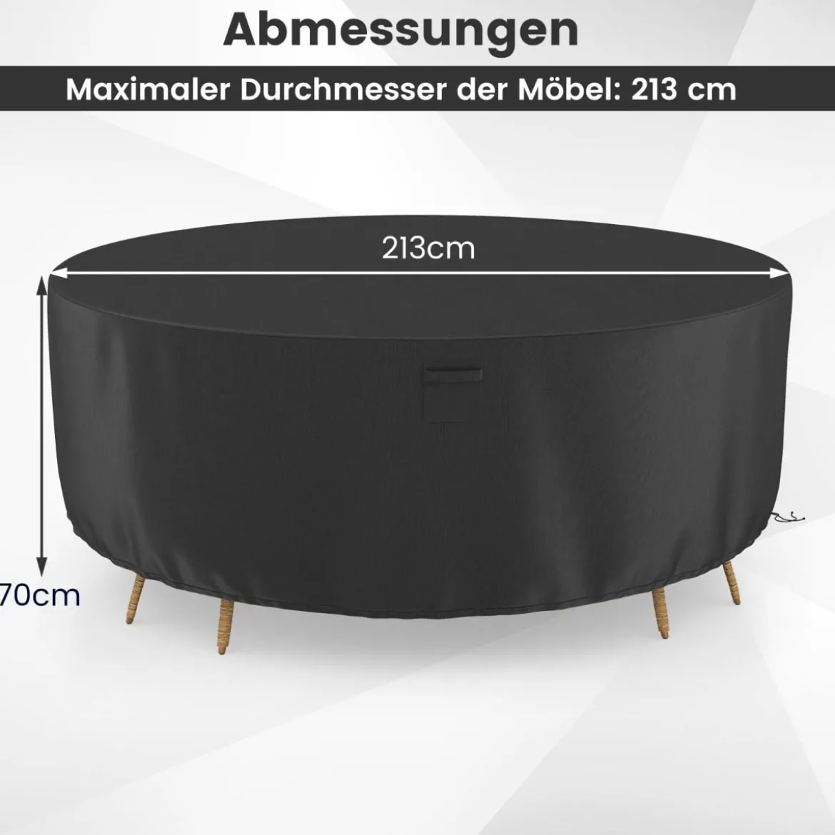 Ø 213 cm Runde Terrassenmöbel-Abdeckung mit Lüftungsschlitzen & Schnallen & Kordeln Schwarz