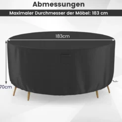 Ø 183 cm Runde Terrassenmöbel-Abdeckung mit Lüftungsschlitzen & Schnallen & Kordeln Schwarz