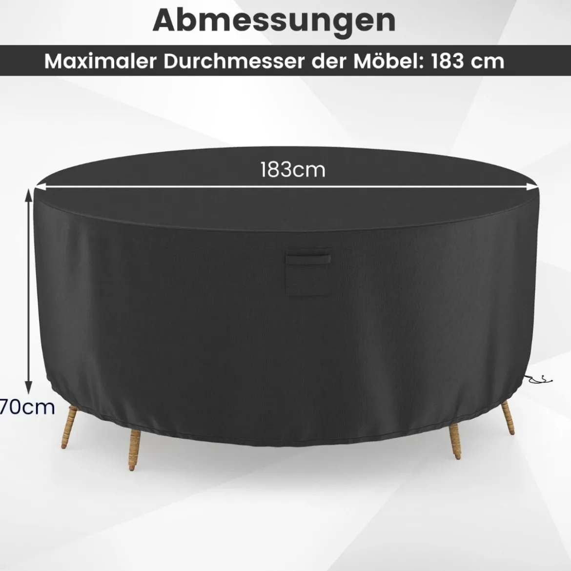 Ø 183 cm Runde Terrassenmöbel-Abdeckung mit Lüftungsschlitzen & Schnallen & Kordeln Schwarz