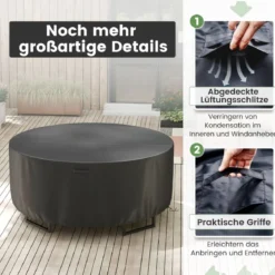 Ø 183 cm Runde Terrassenmöbel-Abdeckung mit Lüftungsschlitzen & Schnallen & Kordeln Schwarz